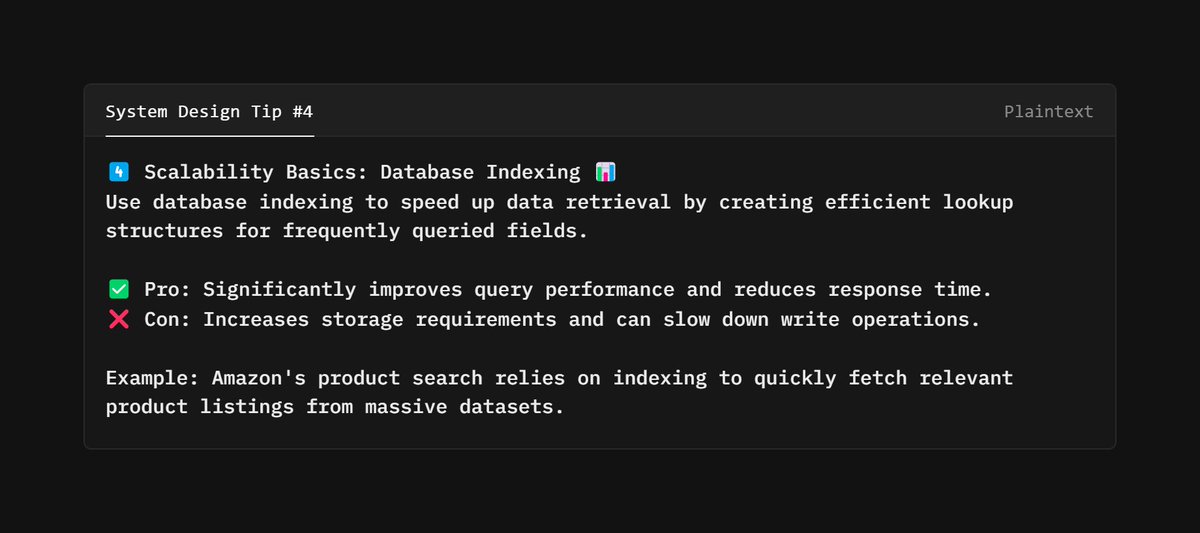 abhip_me's tweet image. 💡System Design Tip #4 :
Scalability Basics: Database Indexing
I post System Design basic tips every day! Follow for more.😃
#SystemDesign #DatabaseIndexing