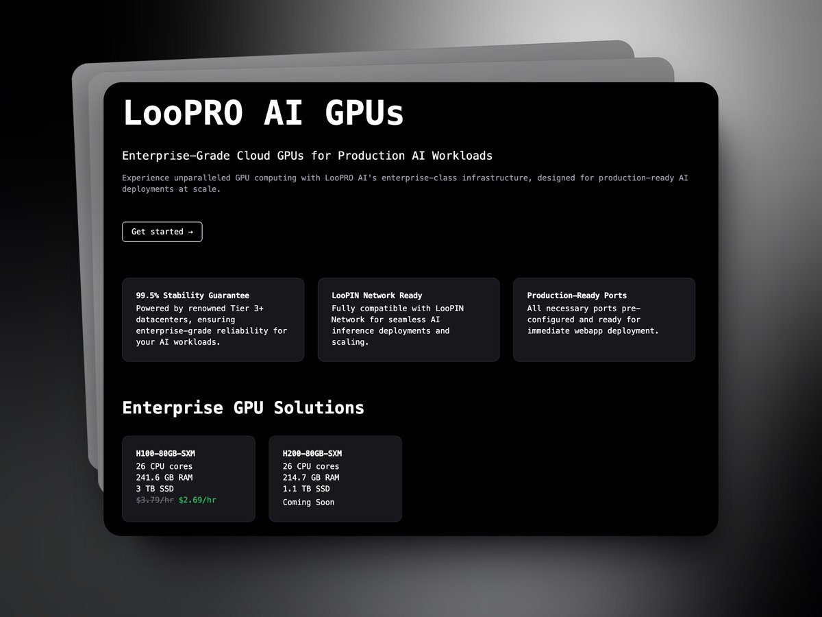 LooproAI's tweet image. 🚀 The Loopro Secure AI Cloud is Now Live!

You can now use Tier 3 datacenter-secure GPUs directly from Loopro (app.loopro.ai)! Huge thanks to DigitalOcean @digitalocean for supporting our infrastructure with 1x H100 and 8x H100 setups.

👉 We are excited to offer the…