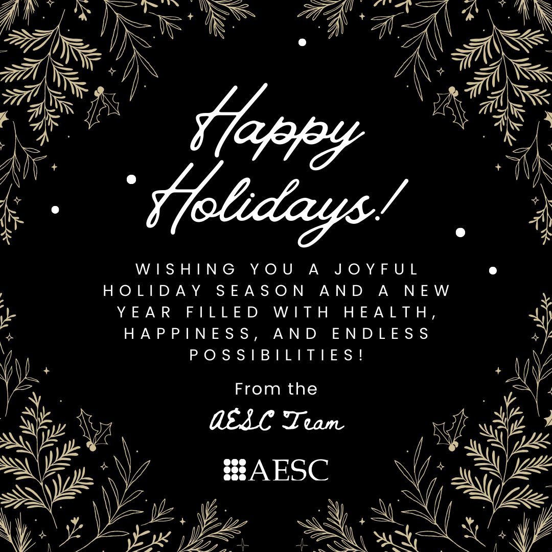 TheAESC's tweet photo. At AESC, we warmly wish our global community a joyous holiday season.

From our team to yours, may this time bring you peace, happiness, and the chance to reflect on a year of growth and success. Here’s to an inspiring and prosperous New Year ahead! https://t.co/z28I17lRgT