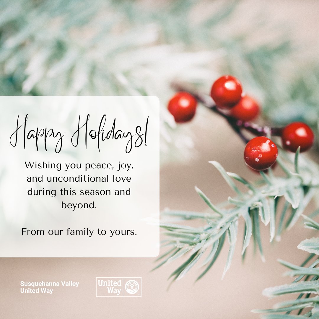 🎄✨ Happy Holidays from Susquehanna Valley United Way! ✨🕎 This season of light &amp; joy, we wish you &amp; your loved ones a very Merry Christmas &amp; Happy Hanukkah! May your celebrations be filled with peace, laughter, &amp; cherished moments with family &amp; friends.

#HappyHolidays
