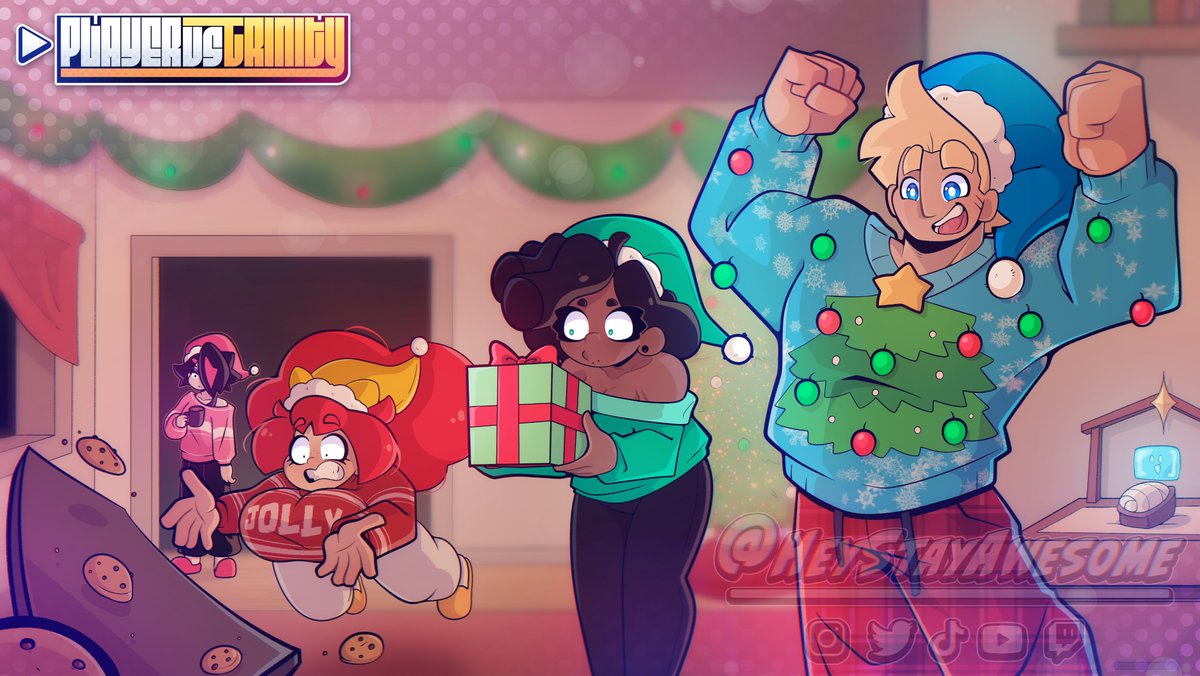 StayAwesomePr0d's tweet photo. 🎄 Merry Christmas from the cast of #PLAYERvsTRINITY! 🎄

(Get ready for a really cool surprise coming tomorrow 👀)

#IndieAnimation #SupportIndieAnimation https://t.co/dWuGOLNdw3