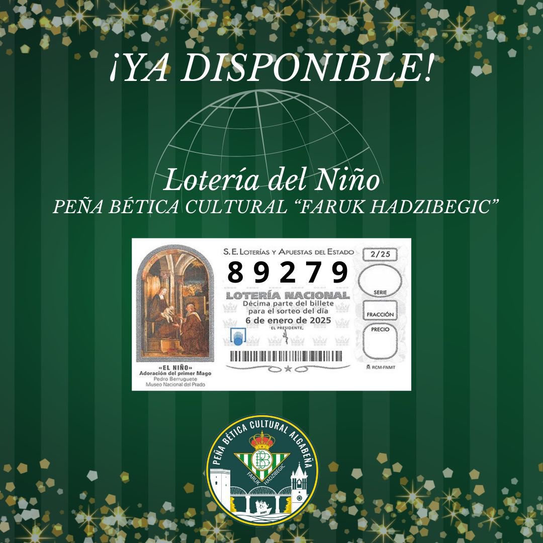 Ya tenemos disponible la lotería del Niño en nuestra peña bética “Faruk Hadzibegic”.

¡No te quedes sin la tuya!

#loteriadelniño #loteriadenavidad #pblaalgaba
