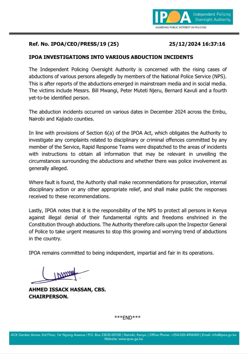 IPOA’s position on the rising cases of abductions. ^DD