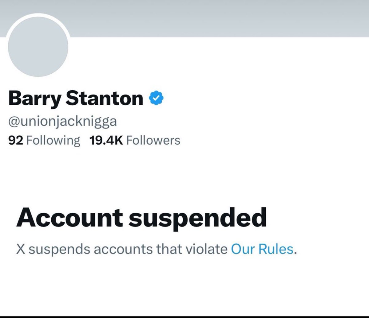 Hey <a href="/elonmusk/">Elon Musk</a> when you took over this <a href="/X/">X</a>, you promised to enable free speech. 

Free speech also means speech others might find offensive. 

Barry Stanton was banned after being on X for a few hours due to mass reporting. 

I respectfully request you reinstate <a href="/unionjacknigga/">Barry Stanton</a>.