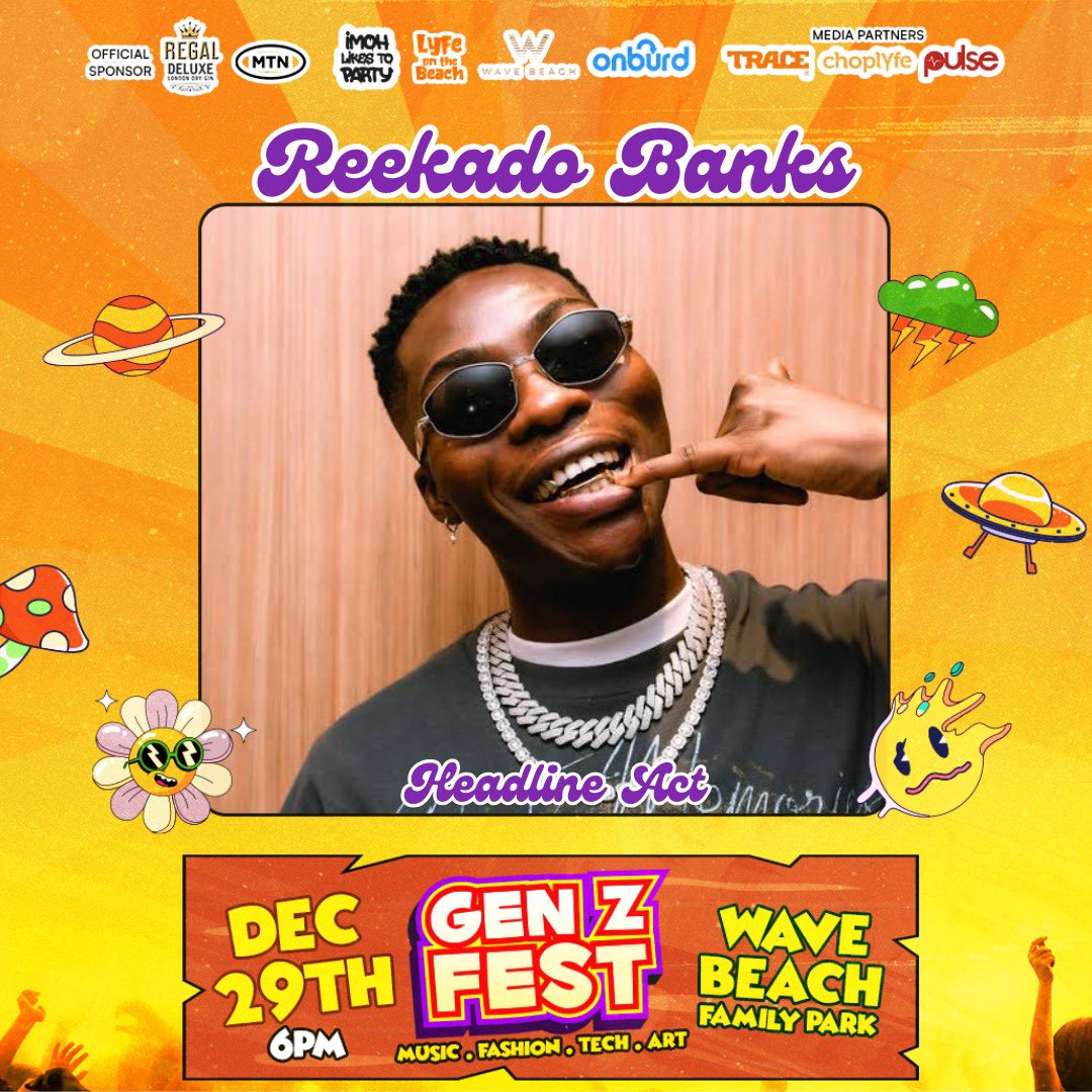 genzfest's tweet photo. The line up for GenZ fest is 🔥🔥🔥🔥🔥

 Catch @reekadobanks and @morravey live at the Gen Z Fest stage as they headline the biggest youth festival in the country.

Get tickets via the link in our profile

🗓️: December 29th
📍: Wave beach family park
⏰: 6pm - 4 am

Proudly sponsored by : @regaldryginng @MTNNG 

#genzfest #dettydecember