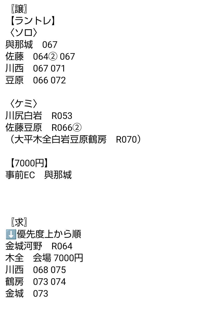 JO1DER SHOW ラントレ トレカ 事前 EC 現地 会場 7000円 ユニット ケミ

画像参照
【譲】
與那城 佐藤 川西 豆原
川尻白岩　佐藤豆原

【求】
金城 河野 木全 川西 鶴房

（）は出し惜しみ
条件の良い方優先
ものにより当方n:1可能

複数お声掛け中のものあり

1/31,2/2ラポスタ、郵送

 #JO1交換
