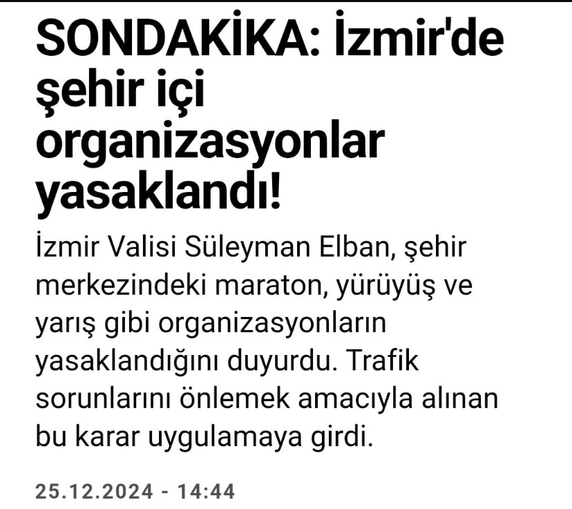 Dünyanın bütün şehirlerinin ismi ile anılan maratonları, bisiklet yarışları vardır. Koşu, bisiklet, yürüme hem ihtiyaç, hem medeniyet göstergesidir. 365 günün 5-6 gününde de burakın koşalım, yarışalım, bisiklet sürelim Sayın Valim. Yöneticilik yasaklamak olmamalı <a href="/izmirvaliligi/">T.C. İzmir Valiliği</a>