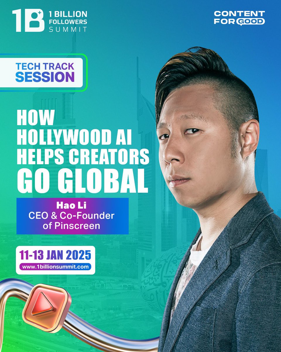 1billionsummit's tweet photo. Hollywood tech, now for you!
@HaoLi81 takes the stage at the #1BFS to share how creators can use advanced AI tools to scale their reach authentically and connect with fans worldwide.
Book your ticket now and don’t miss out on these technologies! https://t.co/skqJXRbxpV