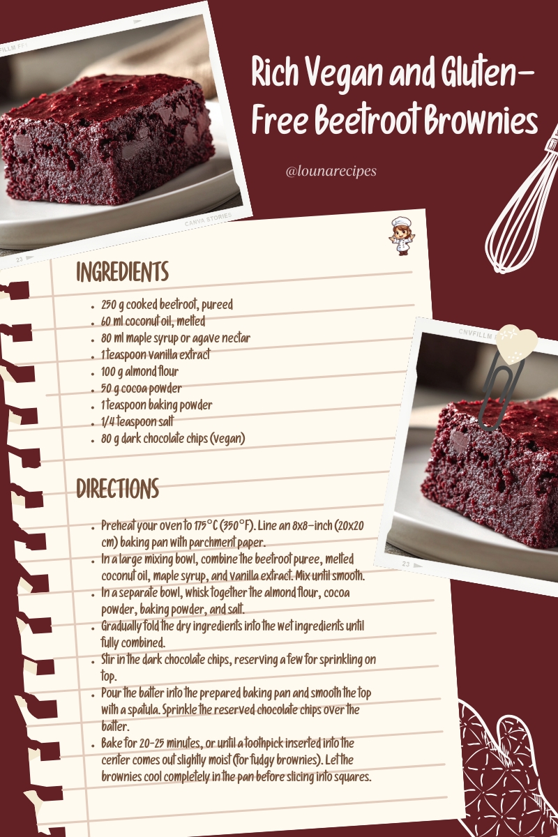 LounaRecipes's tweet photo. Rich Vegan and Gluten-Free Beetroot Brownies 🍫🌱 Decadent, fudgy brownies made with nutrient-packed beetroot, perfectly sweetened and completely guilt-free. A must-try treat! #VeganBrownies #GlutenFreeDesserts #HealthyIndulgence https://t.co/JjzQHrXKNv