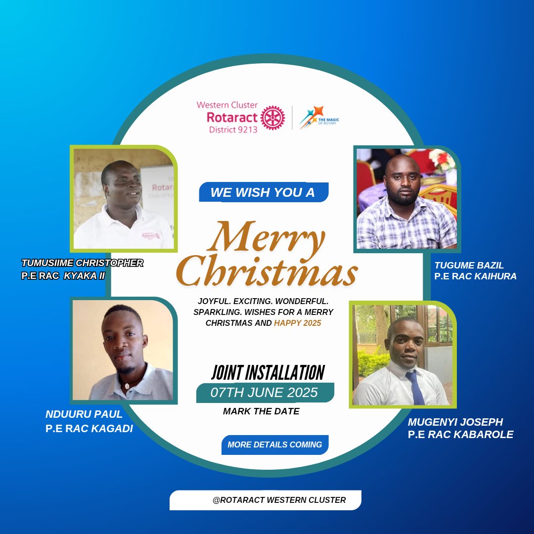 Happy Holidays from <a href="/rotaractKaihura/">Rotaract Club of Kaihura - Empaakolanders</a> <a href="/RctKabarole/">Rotaract Club Of Kabarole</a> <a href="/rackagadi/">Rotaract club of Kagadi</a> <a href="/rotaractkyakall/">Rotaract club of kyaka ll</a> 
Kindly book the date as you enter into 2025
#westernclustertotheworld