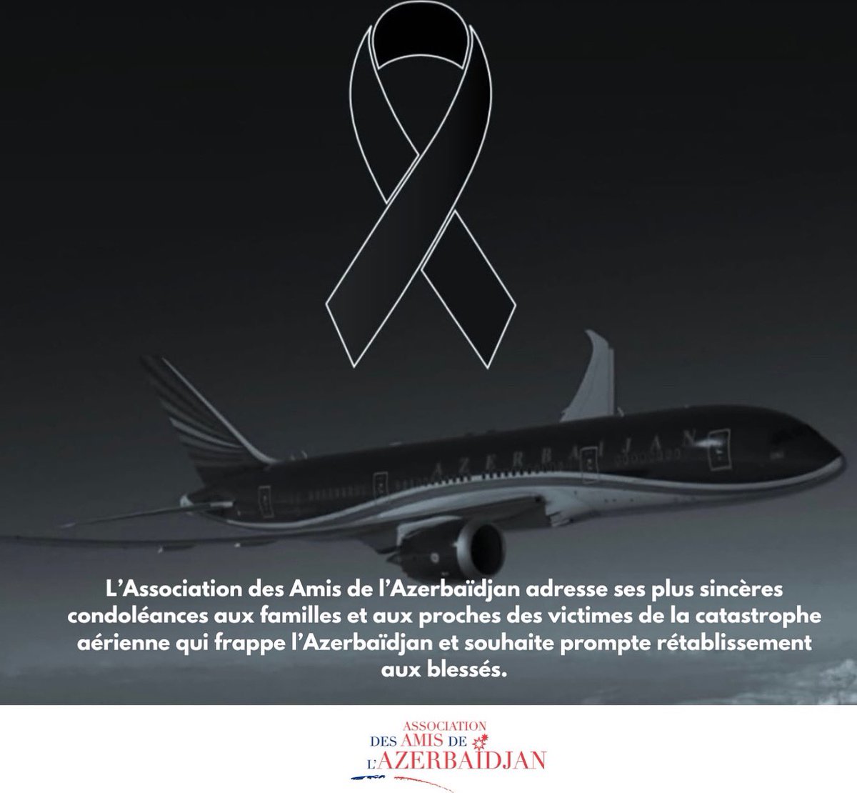 AmisAzerbaidjan's tweet photo. L’Association des Amis de l’Azerbaïdjan adresse ses plus sincères condoléances aux familles et aux proches des victimes de la catastrophe aérienne qui frappe l’Azerbaïdjan et souhaite prompte rétablissement aux blessés.
@azalofficial https://t.co/HaN7SyzrJA
