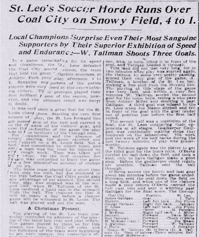 moedog97's tweet photo. Extra, extra IL coalfield history: Holidays
It could not have been easy for the Tallman family of Carbon Hill to choose who to root for on Christmas Day!
In 1909, 3 Tallman's were on Coal City, while Will Tallman got a hat-trick for St. Leo’s in a 4-1 win for the Mound City men. https://t.co/jynd4jUml9