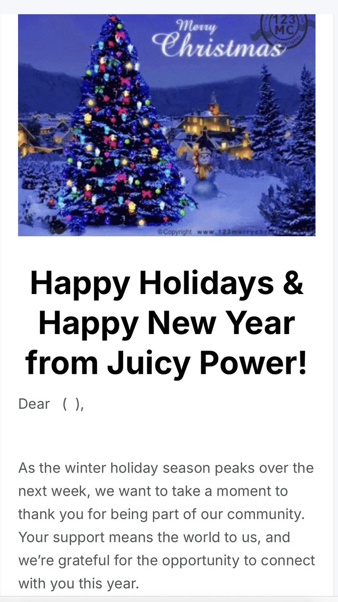 juicycharge's tweet photo. Wishing you and your loved ones peace, joy, and all the best in the year ahead. We have some enlightening ⚡️  things for you planned! Happy Holidays, and see you in 2025! 
Warm regards, Kwame and The Juicy Power Team ⚡️ https://t.co/wmS1GjYTxV