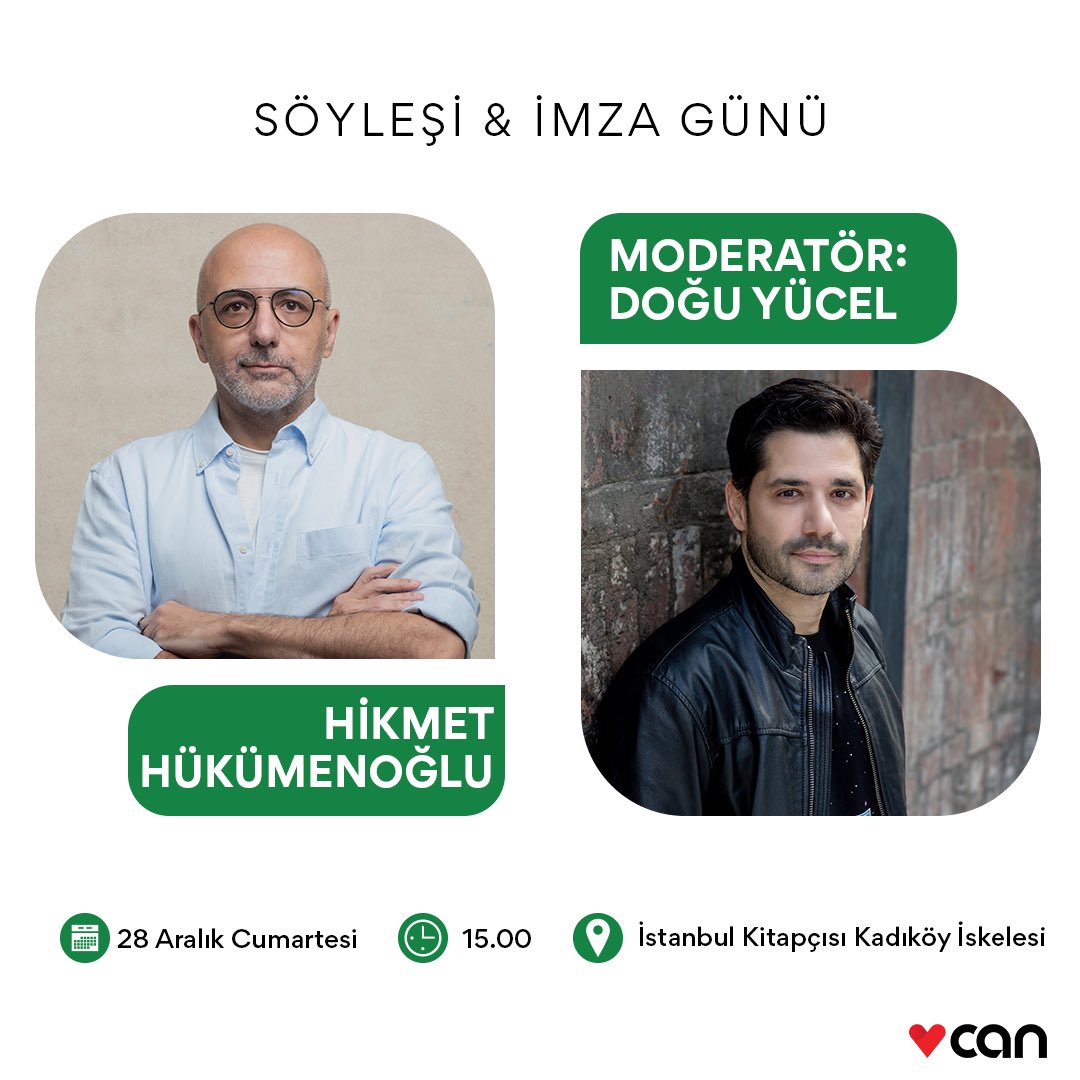 Moderatörlüğünü Doğu Yücel’in yapacağı Hikmet Hükümenoğlu söyleşisi 28 Aralık Cumartesi günü saat 15.00’te İstanbul Kitapçısı Kadıköy İskelesi’nde gerçekleşecek.