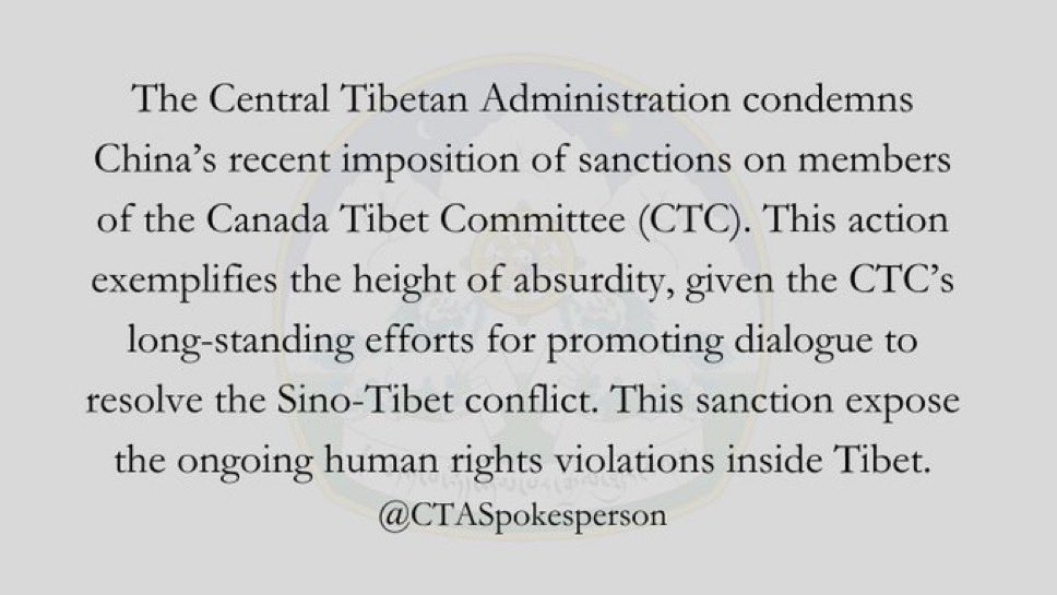 CaroleSamdup's tweet photo. Tibetan govt in exile @CTA_TibetdotNet condemns China’s imposition of sanctions on @CanadaTibet https://t.co/hoLPOYIavO