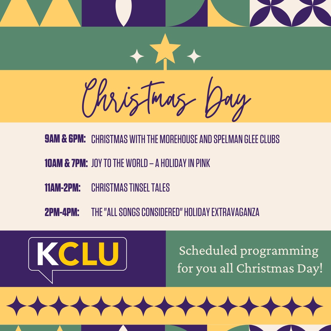 KCLUradio's tweet image. This Christmas Day, KCLU has some special programming lined up for you. Tune in to a variety of programming from 9am-10pm.

For the full line up of holiday programming visit: kclu.org/holiday2024

#HolidayPrograms #HolidaySeason #News #NPR #KCLU