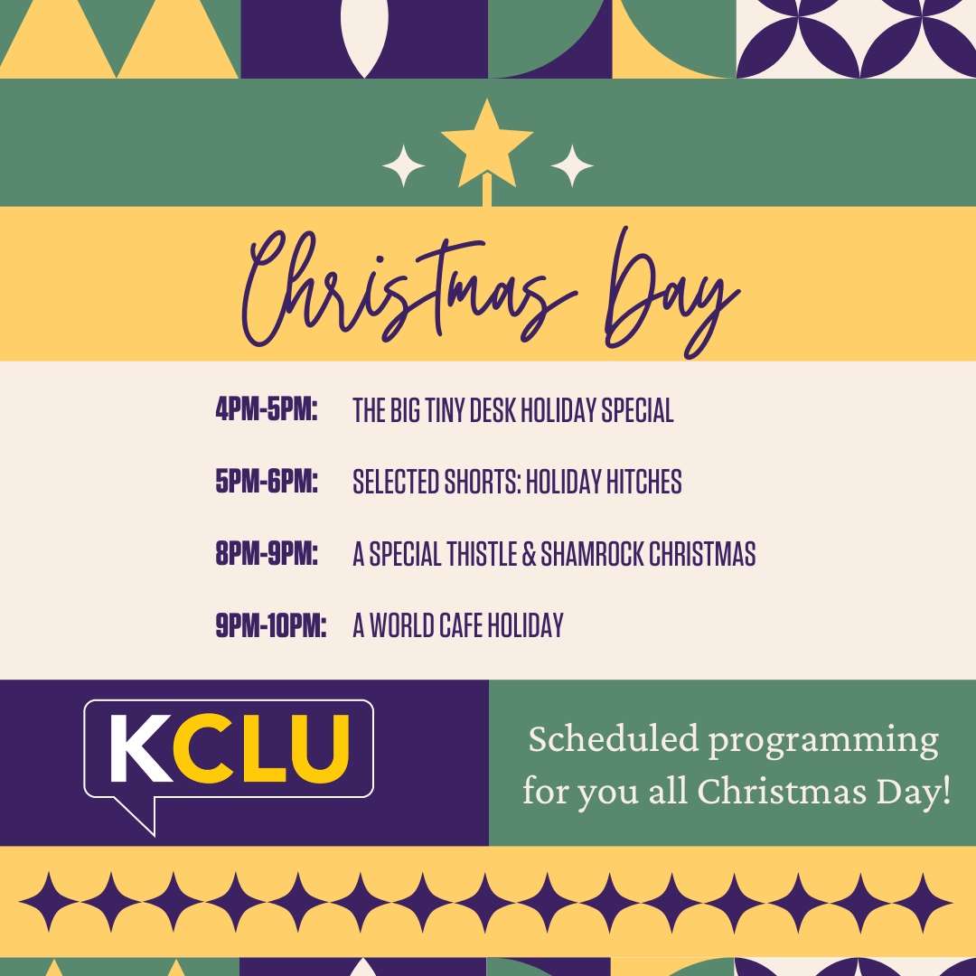 KCLUradio's tweet image. This Christmas Day, KCLU has some special programming lined up for you. Tune in to a variety of programming from 9am-10pm.

For the full line up of holiday programming visit: kclu.org/holiday2024

#HolidayPrograms #HolidaySeason #News #NPR #KCLU
