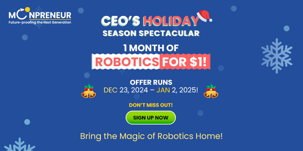 AlokkJain's tweet image. This holiday season, give your child the gift of education! Our CEO’s special holiday treat is here—a full month of hands-on robotics classes for just $1!
Offer live from December 23, 2024, to January 2, 2025.
Don’t wait! Sign up now at mp.moonpreneur.com/robotics-works… 
#RoboticsForKids