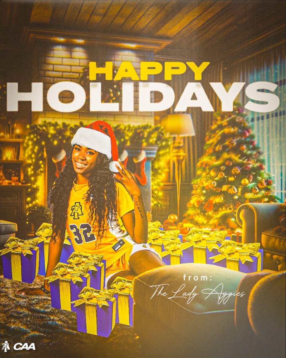 LadyAggieBall's tweet photo. Happy Holidays from the Lady Aggie Family! May your holiday season be filled with joy, love, and unforgettable moments.

#AggieWBB💙💛 #Commit2Grit #LevelUp #WeAboveMe #BeUncommon https://t.co/R32Js5BNWF