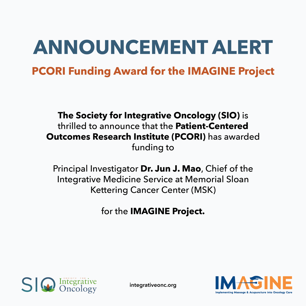 Integrativeonc's tweet photo. SIO is thrilled to announce the PCORI funding award to Dr. Jun J. Mao of MSK for the IMAGINE Project! IMAGINE will bring evidence-based acupuncture & massage protocols to 35 cancer centers across the U.S.
#IntegrativeOncology #IMAGINEProject #OncologyCare https://t.co/vrXlf1Ra1M