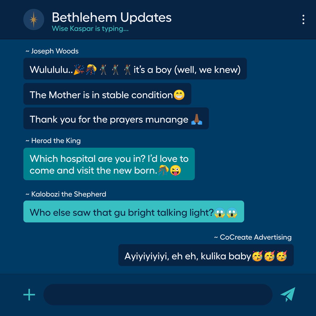 Merry Christmas! 🎄 

Breaking news: It’s a boy—Jesus has arrived! 🥳 
Mwebale kusaba😄

#MerryChristmas #TheKingIsBorn #CoCreateAdvertising