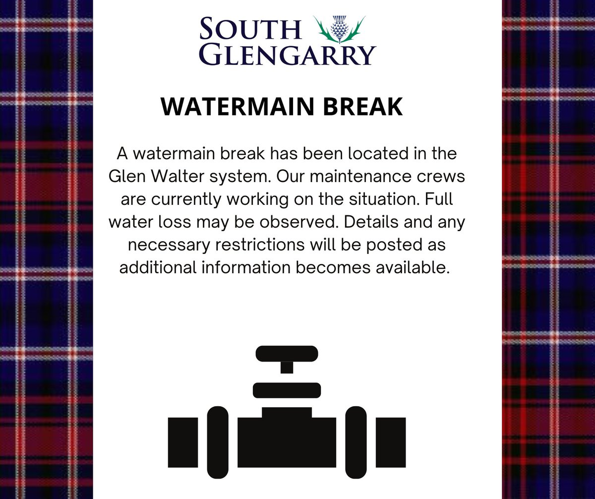 Please be advised that a watermain break has been identified in the Glen Walter system. Affected users have been notified through our Voyent Alert notification system. Additional information and any necessary restrictions will be posted as more details become available.