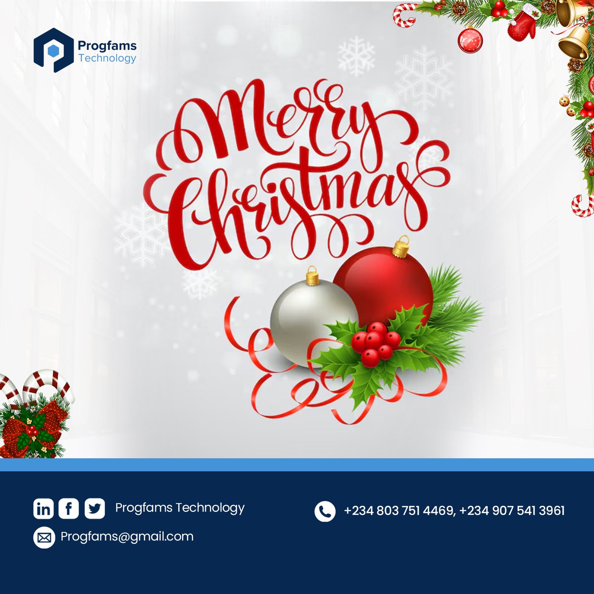 progfamsTech's tweet image. As the year draws to a close, we at Progfams Technology want to express our sincere gratitude for your trust and partnership. We wish you and your families a Merry Christmas filled with peace, happiness, and the spirit of the season.
#ChristmasGreetings #ProgfamsTechnology