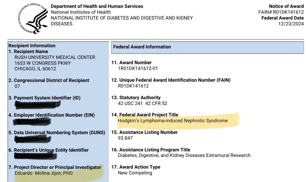 EduardoMolinaJi's tweet photo. Excited to share the news of my #firstR01 from the @NIDDKgov ! Funded on my first ever submission. This @NIH grant will study malignancy and kidney disease at @RushMedical @RushDOIM. Thanks to all my past (from Mexico) and current mentors and collaborators @kidneypathology https://t.co/zyBIKinazs