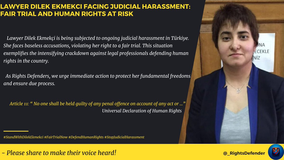 ⚖️ Justice under pressure in Türkiye! ⚖️

Lawyer <a href="/dilekmekci/">Arb. Av. Dr. Dilek Ekmekçi</a> , a fierce advocate for human rights, is now facing judicial repression simply for defending freedom and justice. 🕊️ Her story sheds light on the alarming challenges faced by rightsdefenders in Türkiye.

📢 Judicial