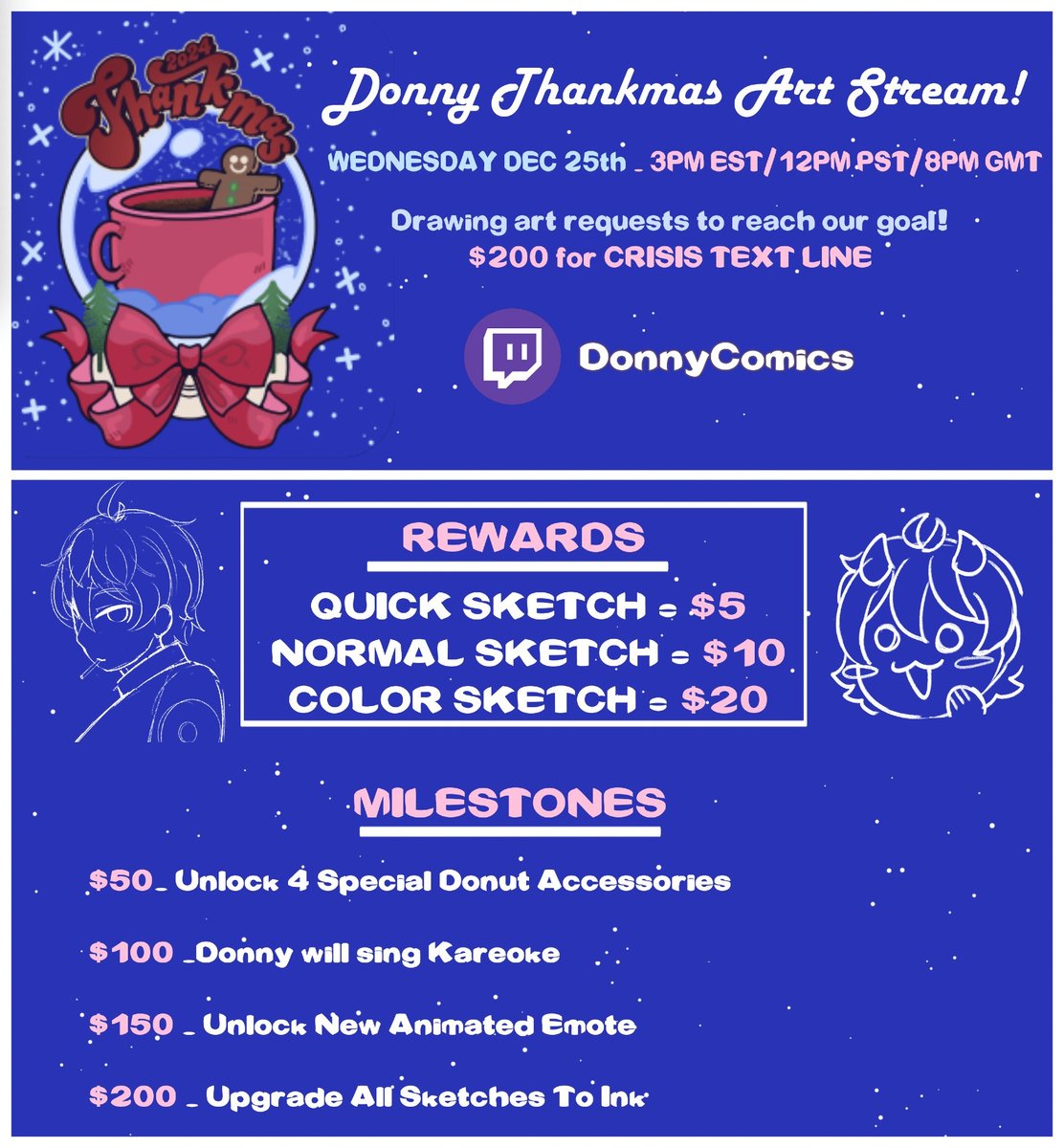 🍩🎄 Our thankmas charity stream is live now! Come hang out, I'm taking art requests for charity and some other fun things!

💜 twitch.tv/donnycomics 

#vtuber #envtuber #twitch #artstream