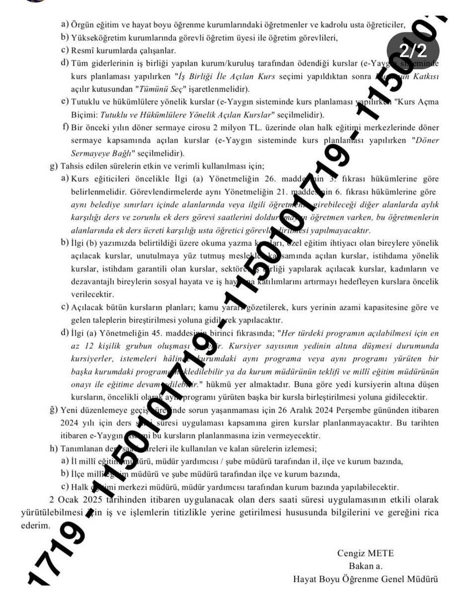 M.E.B. Hayat Boyu Öğrenme Genel Müdürlüğümüzün 24.12.2024 Tarihi itibari ile yayınlanan Ders saati süresi uygulaması konulu yazısını 100.bin Ustaöğreticinin Federasyon Başkanı olarak asla kabul etmiyorum. Ustaöğretici Arkadaşlarıma Uygulanmaya çalışılan bu mobbing'in