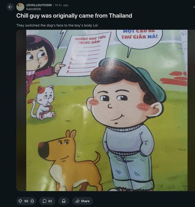 Chillguy did not come from Thailand and anyone believing this at face value is a gullible moron 

Anyway there are probably trying to shill a OG deriv SCAM token or something with a false premis, and if you buy it you deserve to lose money