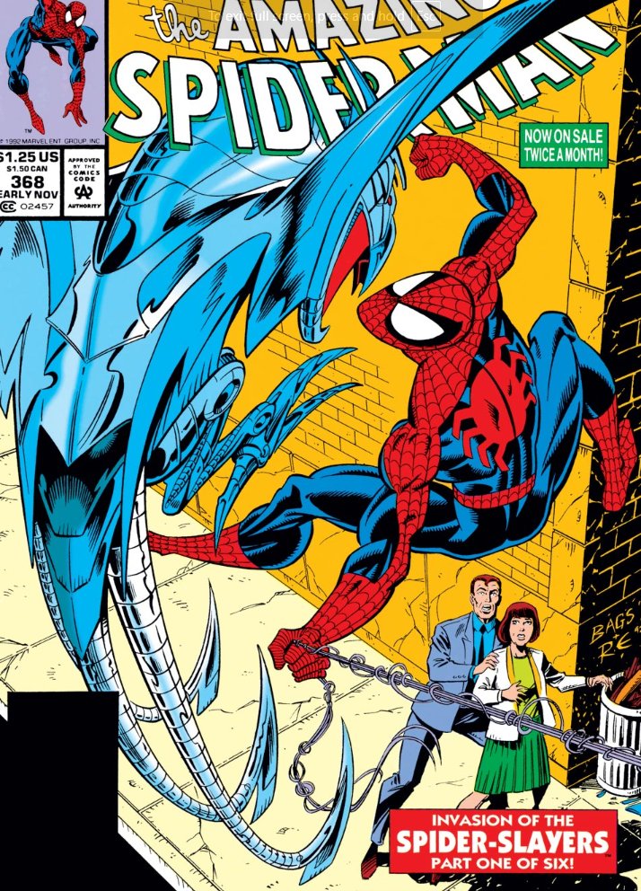 ObscureMarvel's tweet photo. The Spider-Slayer Mark 11 first appeared in Amazing Spider-Man #368 #SpiderSlayer #SpiderMan #Marvel https://t.co/x2Ykq7O4qI