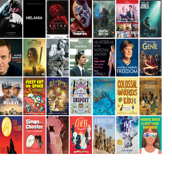 WilbrahamPubLib's tweet photo. This week the Wilbraham Public Library has 41 new books and ten new movies.  New items include Cher, Melania, Alien, Terrifier 3, Godzilla Minus One, Hallmark Countdown to Christmas 6-Movie Collection, Joker, Patriot, and The Walking Dead. https://t.co/ethswnVFDe https://t.co/TlFVJM7P84