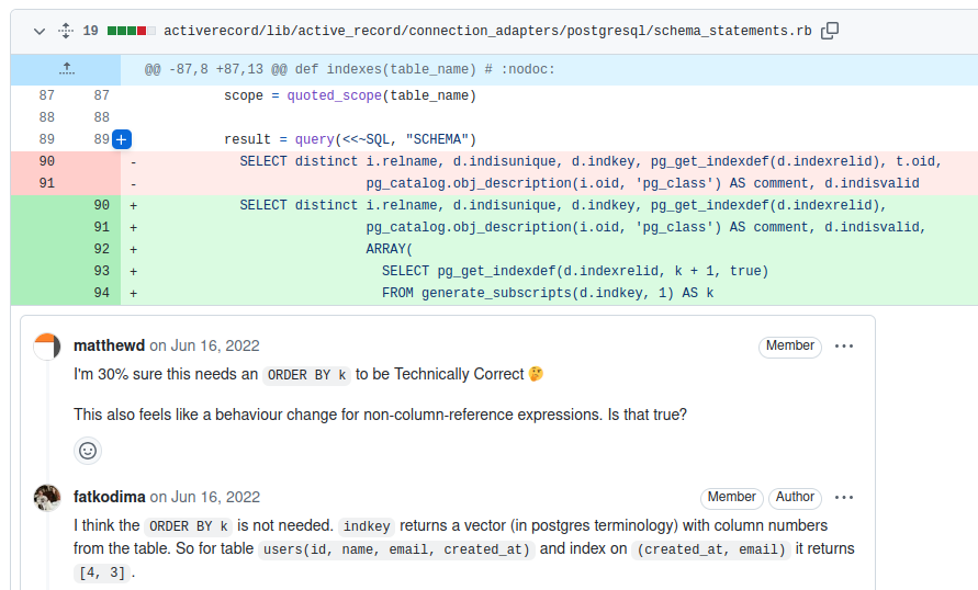 <a href="/fatkodima/">Dima Fatko 🇺🇦</a>'s recent PR improved PostgreSQL index retrieval in Rails, reducing query time from 2,500 to 500ms ⚡️ Great work! 👏

Tools like active_record_doctor now run 3x faster 🔥

PR: github.com/rails/rails/pu…

More perf gems in your feed if you follow me! 💎 #rubyonrails #ruby