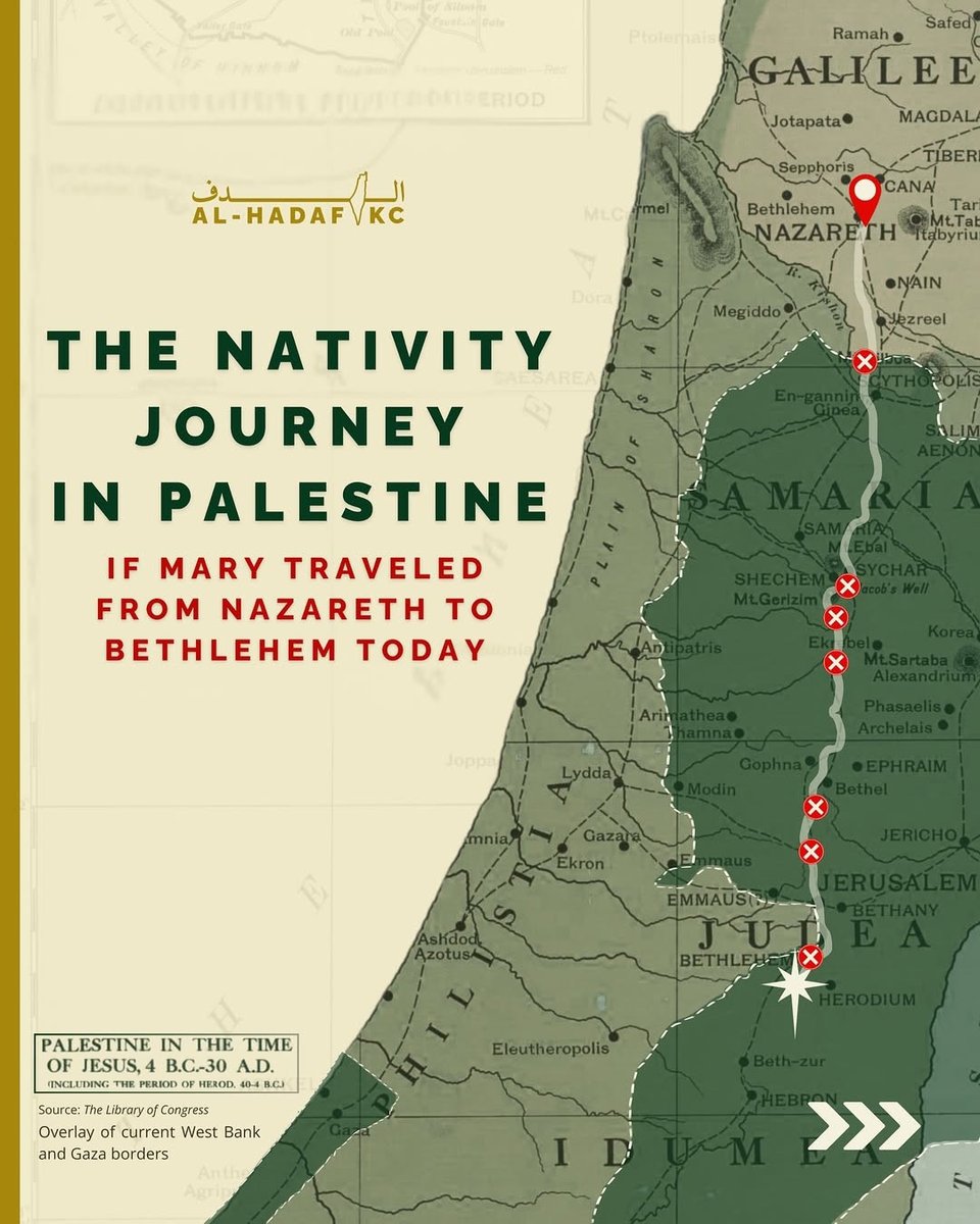 ElAgusdeKomodo's tweet photo. Estos serían los puestos de control por los que tendría que pasar María si hoy tuviera que ir desde Nazaret a Belén para dar a luz al niño Jesús.
Fuente: Christians for a Free Palestine https://t.co/ROvUNn7wnl