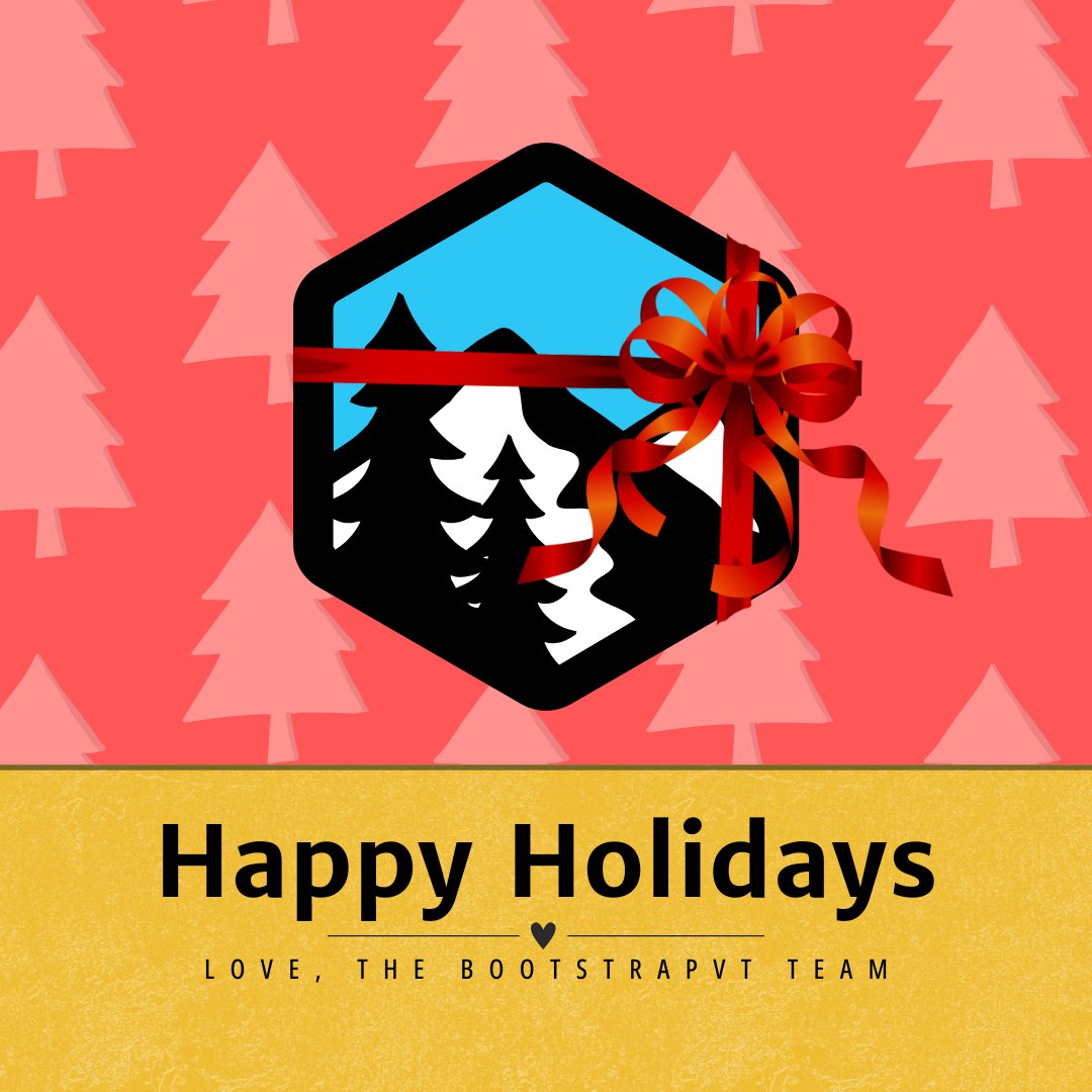 BootstrapVT's tweet image. Happy Holidays from all of us at BootstrapVT! Wishing you a holiday season filled with joy, love, and good cheer. Here's to a new year full of exciting projects and creative adventures! 🎄🎁✨
 #HappyHolidays #BootstrapVT #Gratitude #SeasonOfJoy
