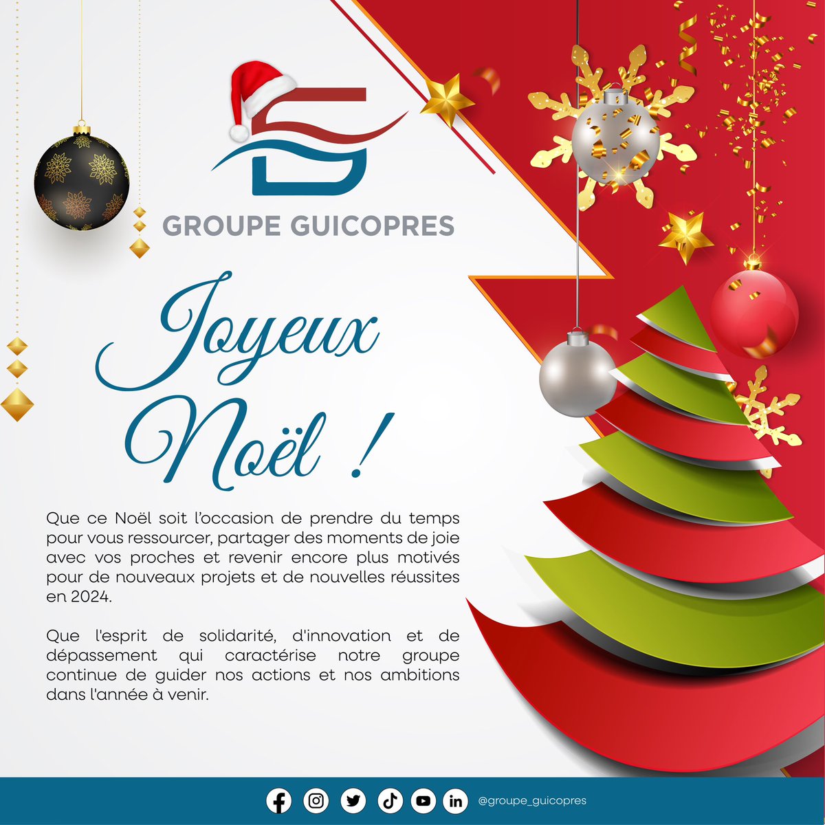 Guicopres_SA's tweet photo. Le 𝗚𝗿𝗼𝘂𝗽𝗲 𝗚𝘂𝗶𝗰𝗼𝗽𝗿𝗲𝘀 vous souhaite de 𝙈𝙚𝙧𝙫𝙚𝙞𝙡𝙡𝙚𝙨 𝙁ê𝙩𝙚𝙨 𝙙𝙚 𝙉𝙤ë𝙡 !!🎅🌲❤️ https://t.co/8yO7Jut7qX