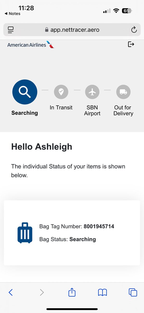 AshleighBush's tweet photo. @AmericanAir My bag is sitting at SBN but tracing by my claim number BCCAA55480506 reveals American is still searching. Can you please grab my bag so it can be delivered sooner rather than later. https://t.co/BtMCnzMYxI