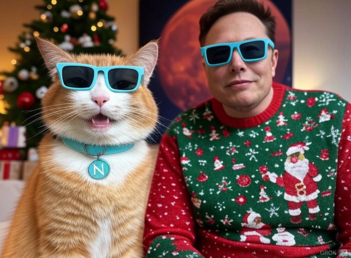 Chilling at Elon’s this #Christmas waiting for the turkey 🦃 to be served! 

Happy holidays you future millionaires🎄😼 <a href="/ninocoinsol/">NiNO</a> with <a href="/elonmusk/">Elon Musk</a> 
Photo by <a href="/grok/">Grok</a>