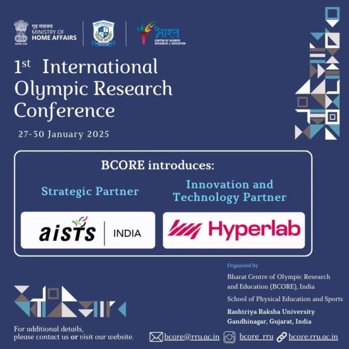 bcorerru's tweet photo. Calling all Olympic enthusiasts, researchers, and professionals! Don't miss the 1st International Olympic Research Conference on 27-30 Jan 2025 at Rashtriya Raksha University, Gandhinagar in Gujarat, India. #olympics2036 #bcore #spes
Registration link:
https://t.co/E6KxrhyAw2 https://t.co/GSUKS5cPmO
