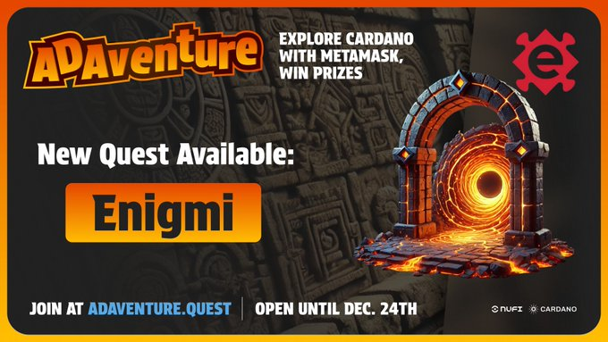 ADAventure π¦ (@adaventurequest) on Twitter photo The following quests are open until December 27th at adaventure.quest:
π¨ Enigmi <a href="/enigmi_io/">enigmi π§©</a>
π Task: Play Enigmi and mint an NFT
π Prize: $ADA & NFTs The following quests are open until December 27th at adaventure.quest:
π¨ Enigmi <a href="/enigmi_io/">enigmi π§©</a>
π Task: Play Enigmi and mint an NFT
π Prize: $ADA & NFTs