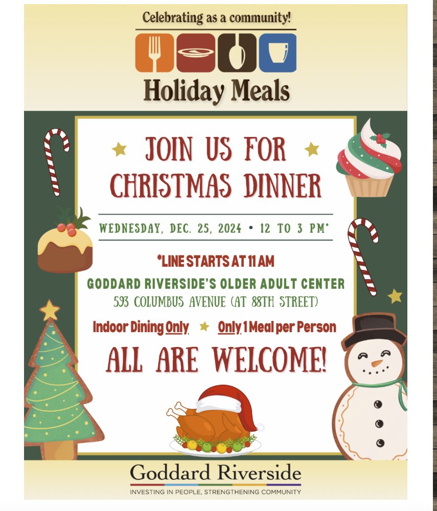 BloomingdaleFam's tweet photo. @GoddardRiv Goddard Riverside is offering free Christmas meals today, starting at noon at their site 593 Columbus Avenue at W 88th Street. All are welcome: https://t.co/uusmlzB4FM