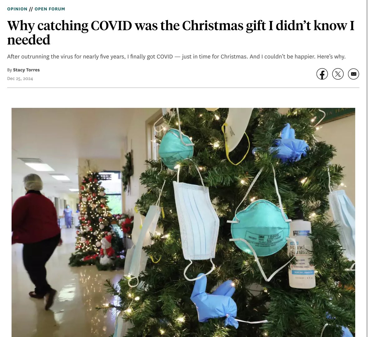 amorvincitomnia's tweet image. “Why catching COVID was the Christmas gift I didn’t know I needed” Article dated December 25th, 2025. All for a donut.