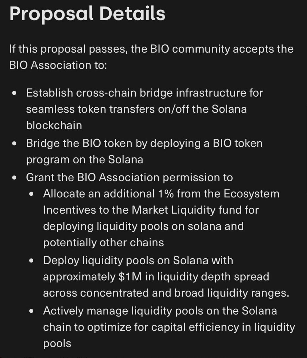 New Proposal: Bridge $BIO to @solana DeSci on Solana is inevitable 1. Bring  the $BIO token to Solana 2. Deploy onchain liquidity 3. Power consumer  products that let scientists and patients create