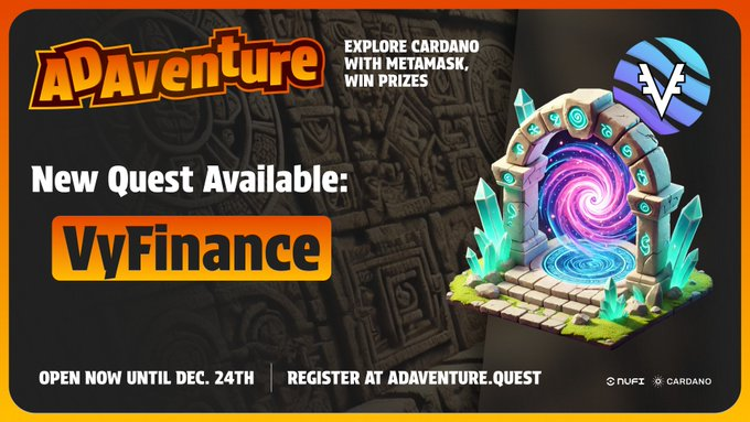 AdaventureQuest's tweet photo. 🌴 Quest: VyFi @VyFiOfficial 
🗺️ Task: Use the DEX, Bar, Vaults or Lottery
💎 Prize: $VYFI token and VyFi NFTs https://t.co/MFHUOmIOQf