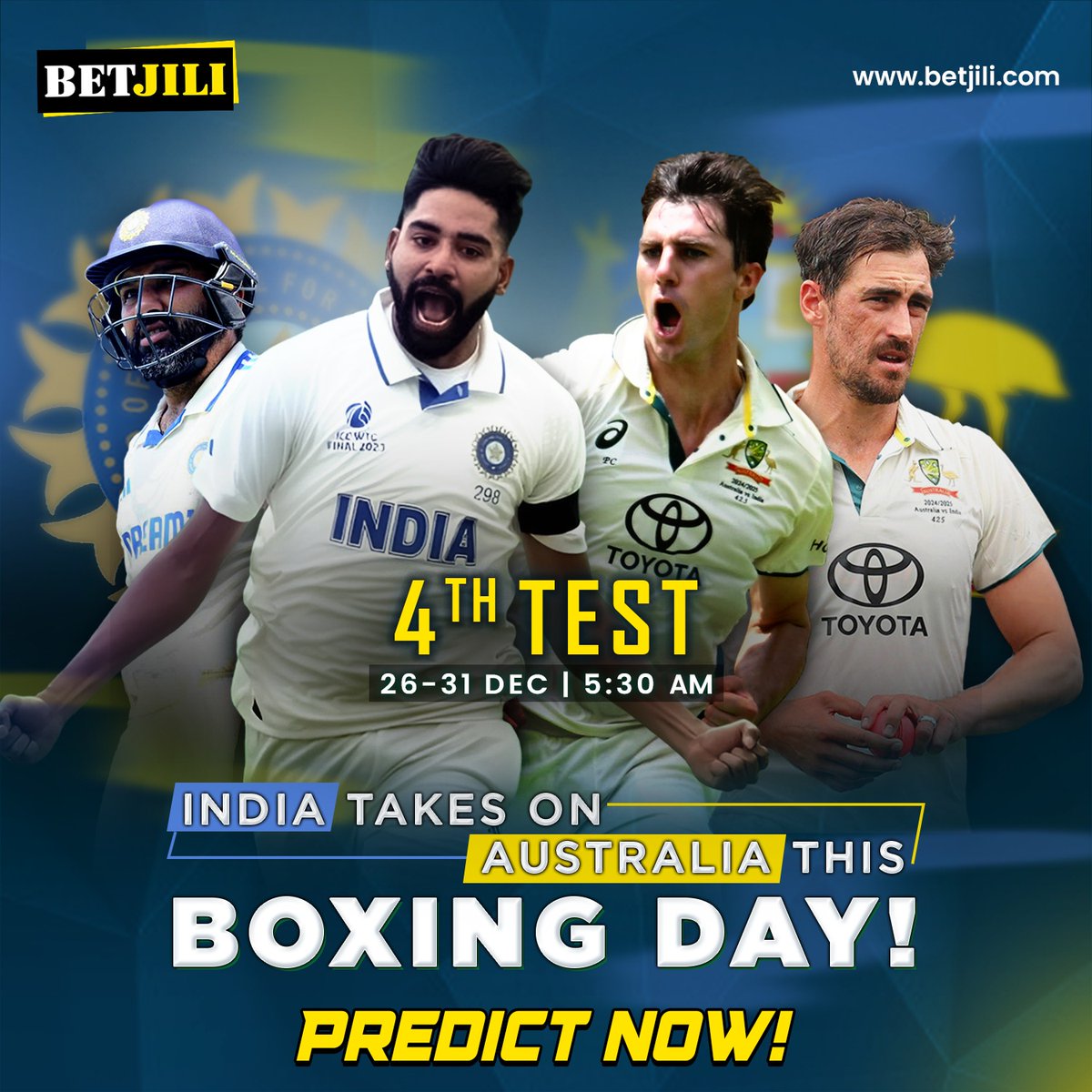 Betjiliofficial's tweet image. 🌏 Two nations. One passion. 5 days to glory. 

 4th Test is here!🏏✨

India 🆚 Australia in the iconic Boxing Day ! 

📅Date: 26-31st Dec 2024  |
 🕥 Time:05:30 AM

Drop your predictions now and let the battle begin! 🏏🔥 

#betjili #sportspredictions #cricketclash #indvsaus
