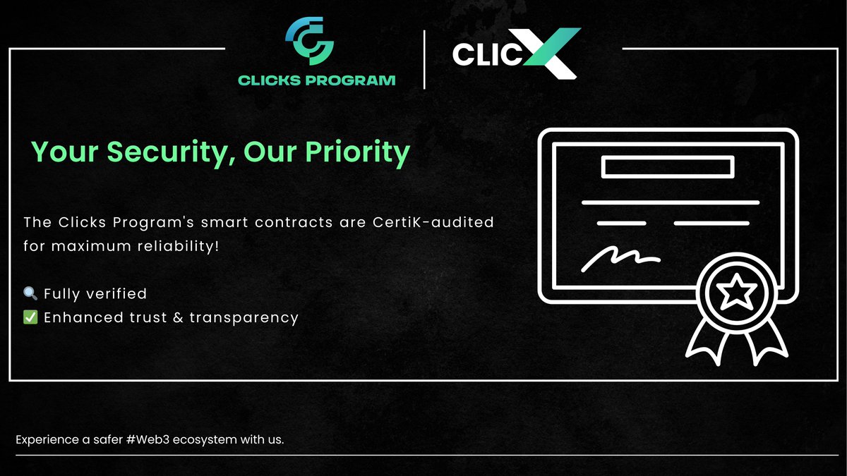 ClicksProgram's tweet image. 🚀 Clicks Program Secures CertiK Audit!

Our smart contracts have been rigorously audited by @CertiK, ensuring top-notch security for our users. 🛡️

🔹 Security Score: 76.37 (BBB Rating)
🔹 100% Code Coverage
🔹 Major issues resolved!

#Blockchain #CertiK #ClicksProgram #ClicksX…