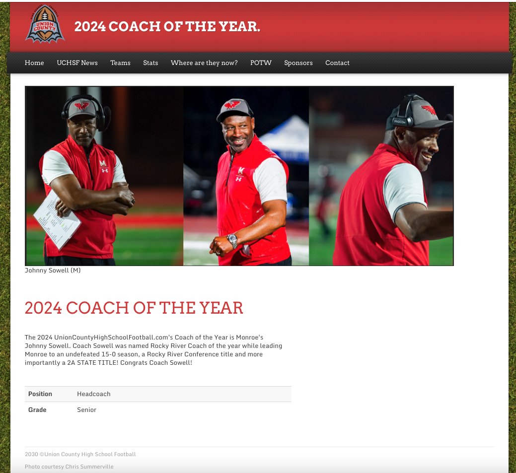 Union County Hoops, Football, Baseball & Softball (@uchoops) on Twitter photo The 2024 UCHSF Coach of the Year is Monroe’s Johnny Sowell
<a href="/RedhawkAd/">Tim Niedermeier</a> <a href="/Monroe_Redhawks/">Monroe Redhawks Football 🏈</a> <a href="/MonroeHSNC/">Monroe High School (NC)</a>
<a href="/Jalen_Sowell/">Jalen Sowell</a> <a href="/Ashlystevens4/">Ashly Stevens</a> <a href="/LeaveNoDoubt75/">Dr. Daniel L. Goings</a>
UnionCountyHighSchoolFootball.com The 2024 UCHSF Coach of the Year is Monroe’s Johnny Sowell
<a href="/RedhawkAd/">Tim Niedermeier</a> <a href="/Monroe_Redhawks/">Monroe Redhawks Football 🏈</a> <a href="/MonroeHSNC/">Monroe High School (NC)</a>
<a href="/Jalen_Sowell/">Jalen Sowell</a> <a href="/Ashlystevens4/">Ashly Stevens</a> <a href="/LeaveNoDoubt75/">Dr. Daniel L. Goings</a>
UnionCountyHighSchoolFootball.com
