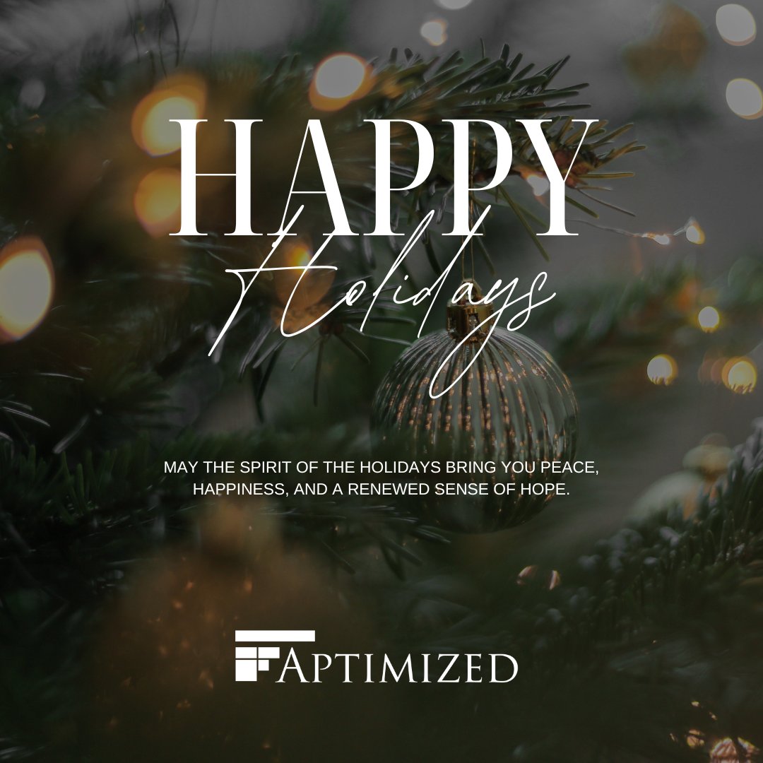 aptimized's tweet image. Happy Holidays from all of us at Aptimized! ❄️✨ Wishing you a season filled with joy, success, and moments that matter most. Here’s to a bright year ahead! 🎉 #HappyHolidays #Aptimized